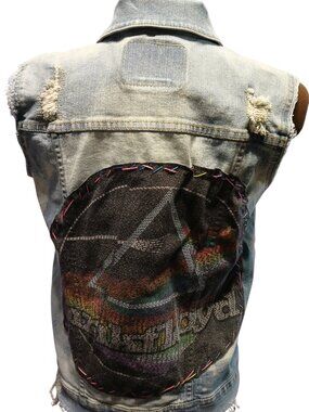 upcycled denim concert levi trucker style jean jacket size fits small to medium